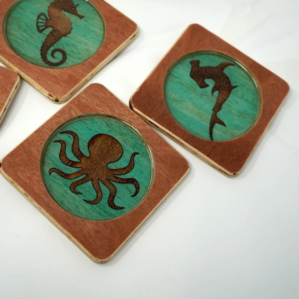 Handmade UNIKO Wood Carved Sealife Coasters